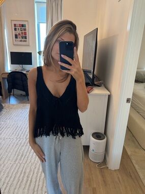 Anthropologie Black Knit Fringe Tank